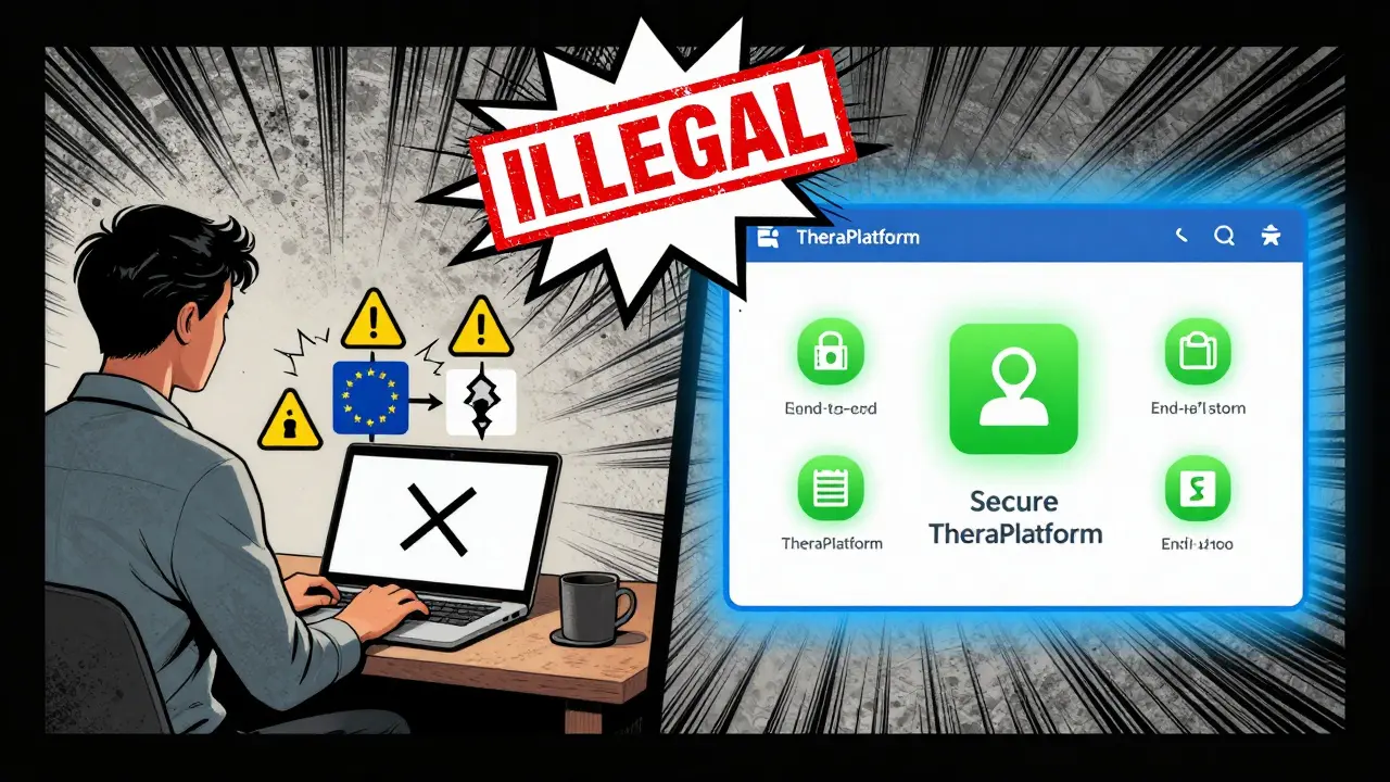 Rozdíl mezi nebezpečným Zoomem a bezpečnou TheraPlatformou v bojovém komiksovém stylu.