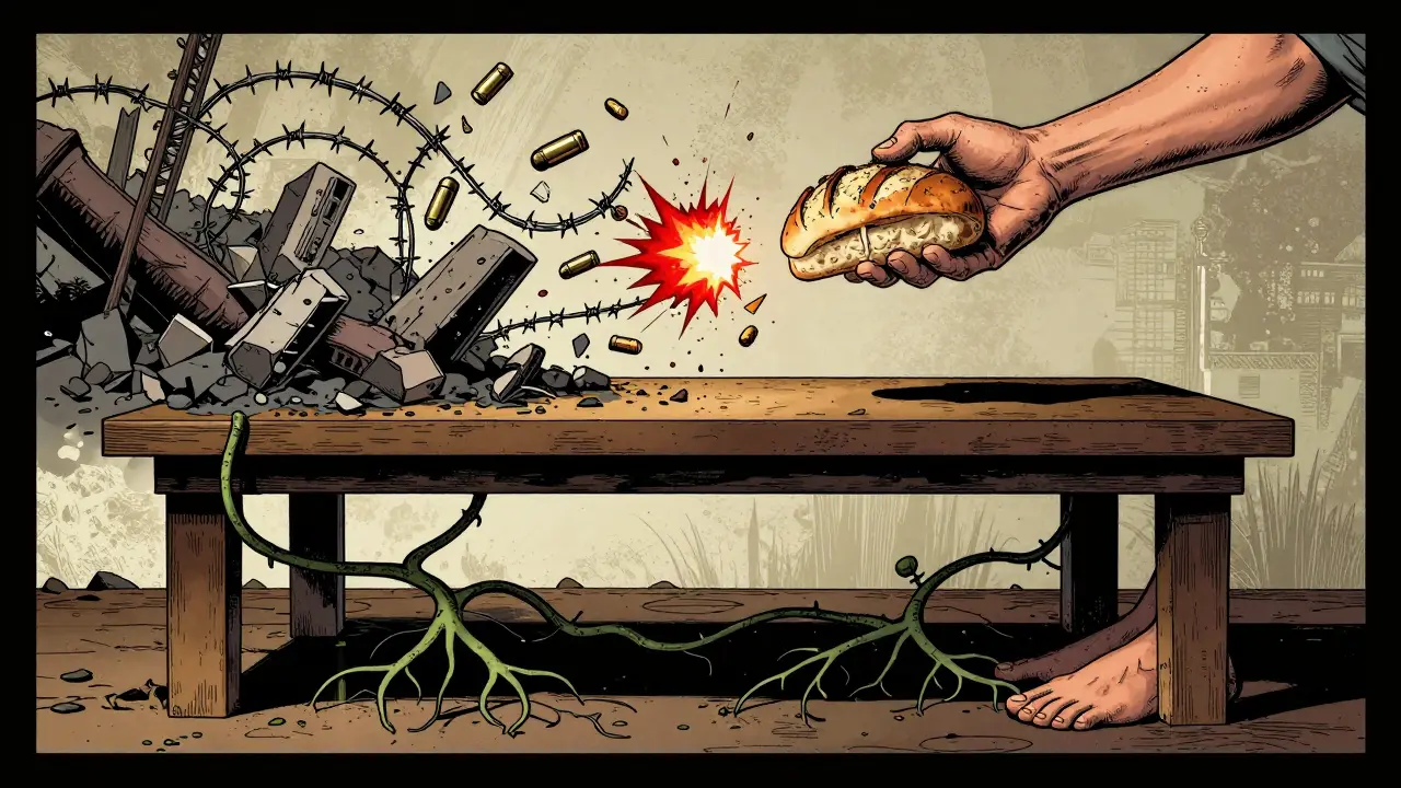 Ruka chytá chléb, který se mění v bojiště, země pod nohama se zelená, symbolizující obnovu těla.