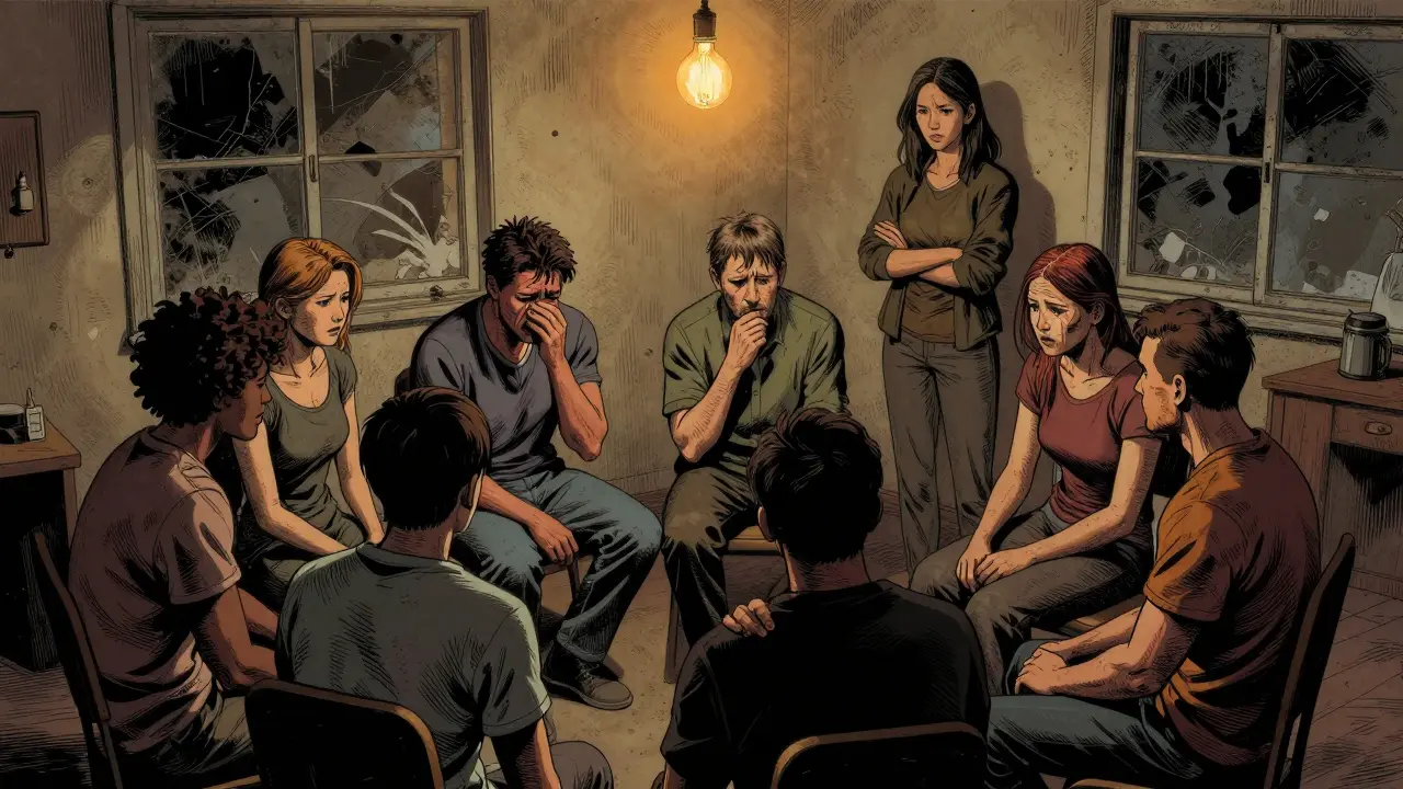 Skupina lidí v kruhu v terapeutickém prostoru, jeden pláče, druhý ho podporuje.