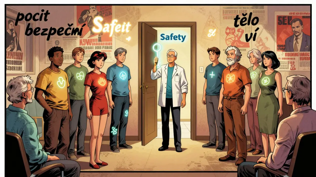 Skupina lidí v Praze s tělesnými symboly energie, terapeut drží klíč k bráně bezpečí.