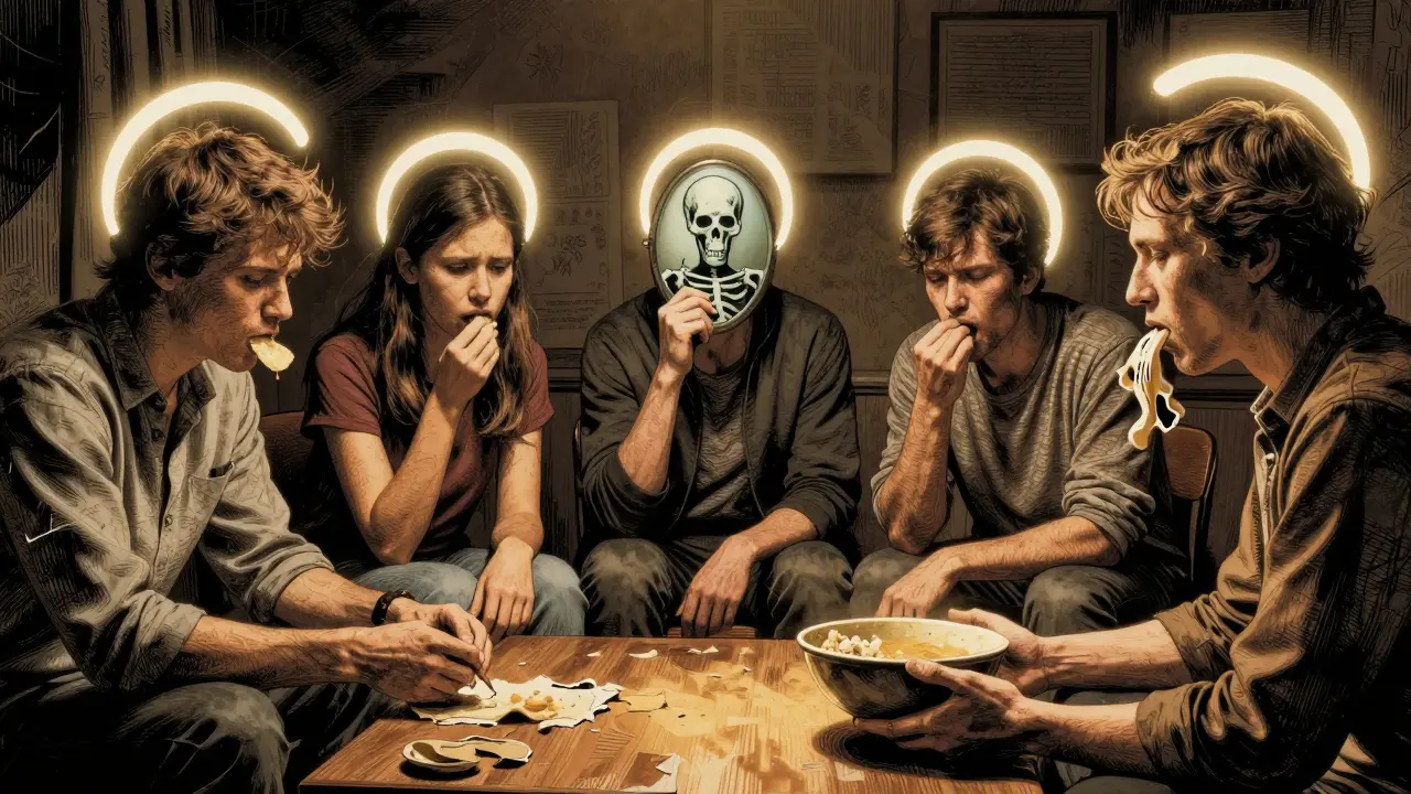 Skupina pacientů tiše jí v terapii, kolem jejich hlav se objevují vize z minulosti, terapeut přináší jídlo.