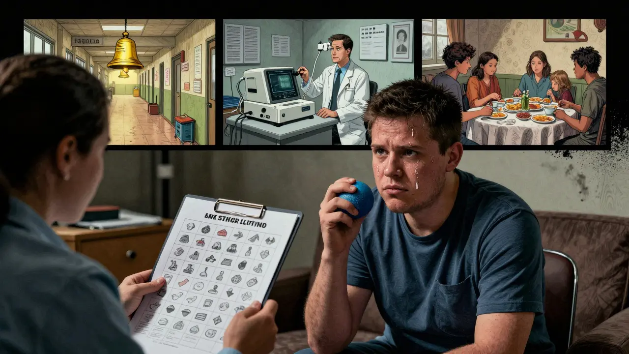 Terapeut a dospělý s autismem spolu pracují na vizuálním plánu, v pozadí výzvy z minulosti.