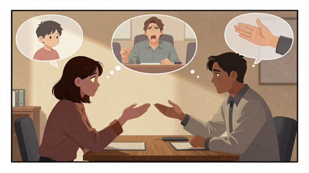 Terapeut a klient sedí u stolu, nad nimi se vynořují myšlenky z dětství a dospělosti.