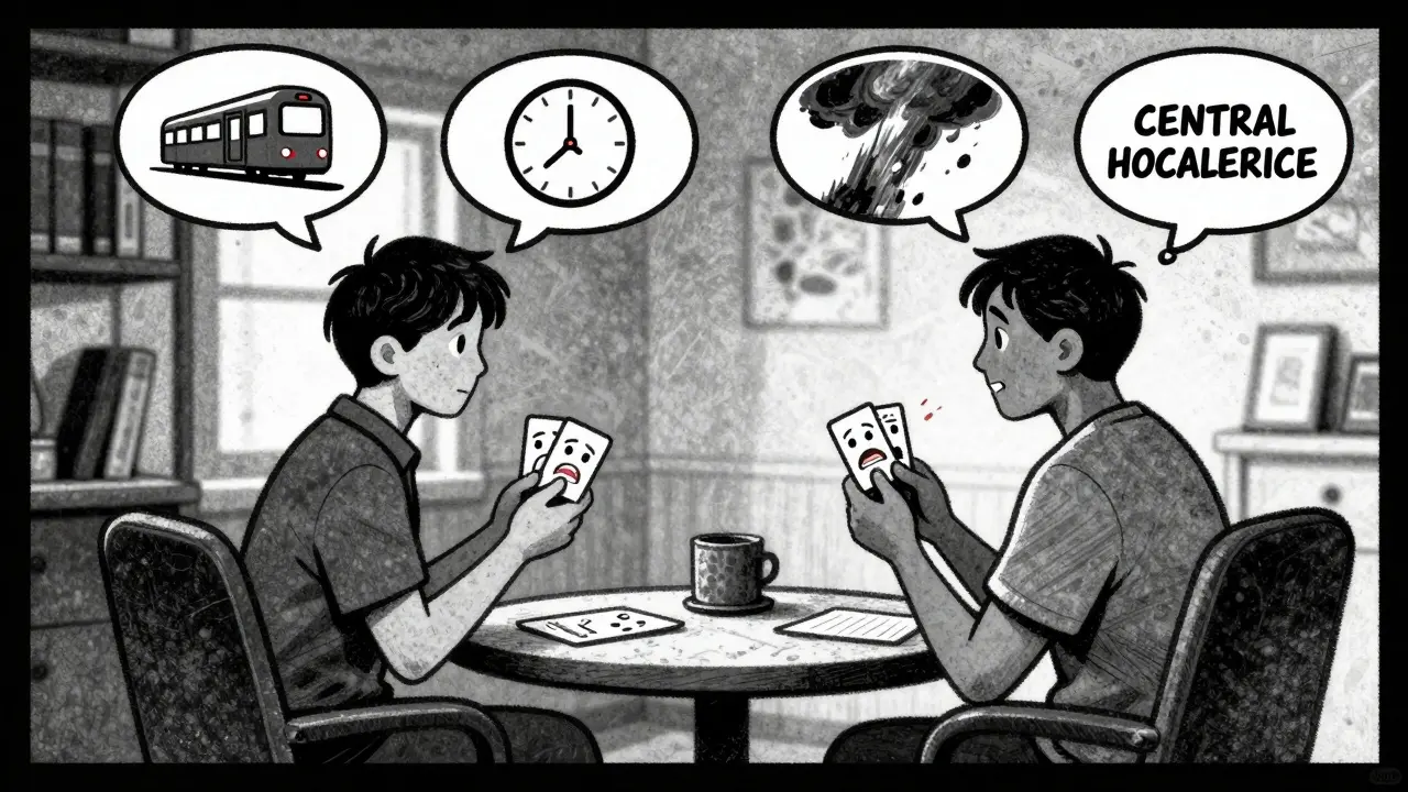 Terapeut a klient společně analyzují emotivní kartičky, kolem nich plavou vizuální symboly jejich kognitivních výzev.