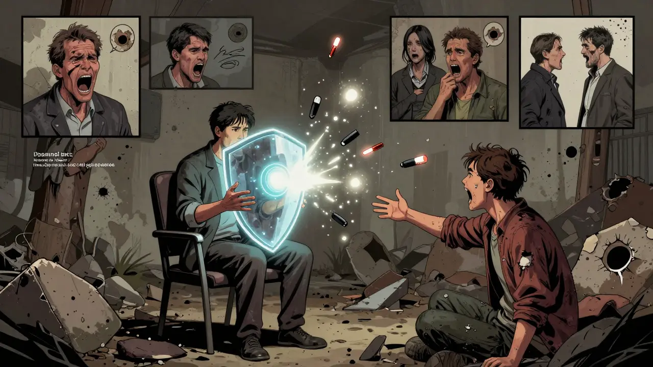 Therapist using DBT shields to protect a patient from emotional self-harm in a chaotic war zone of psychological fragments.