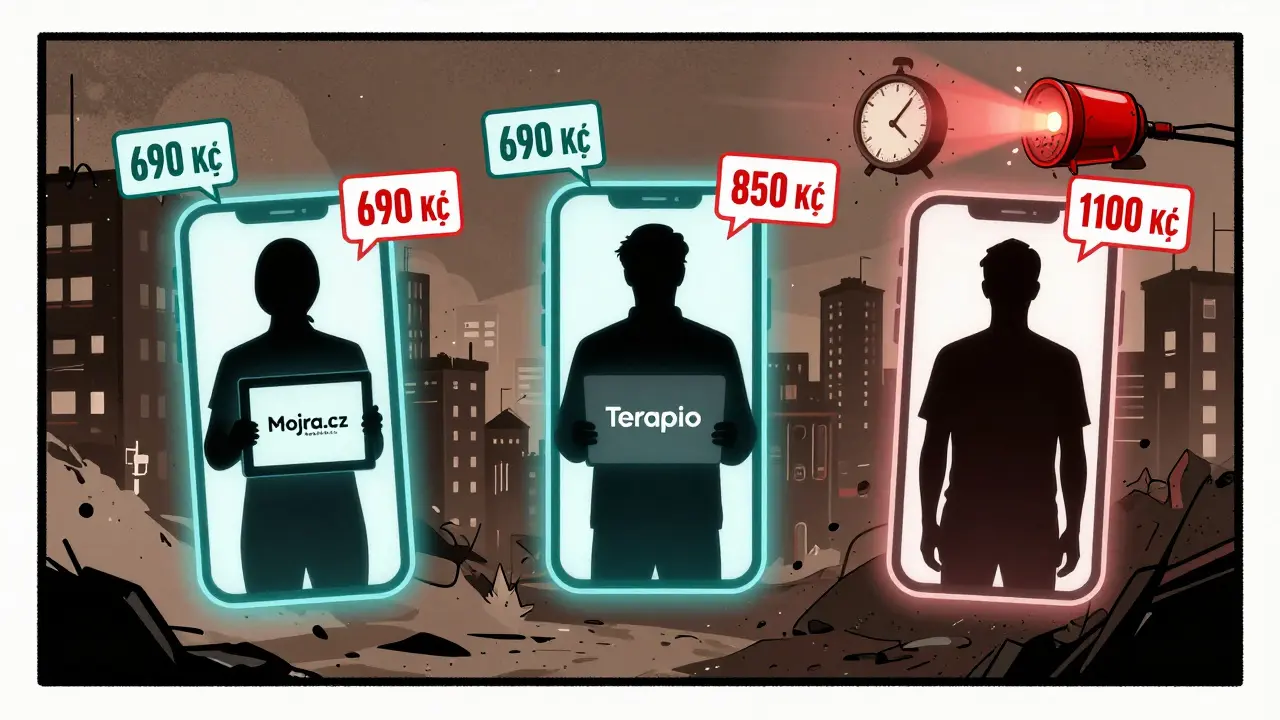 Tři anonymní klienti sledují na obrazovkách různé terapeutické platformy, kolem nich plavou ceny v korunách.