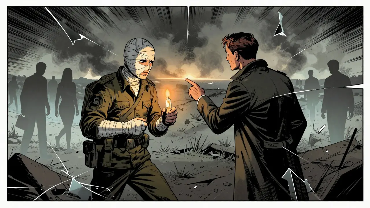 Voják a terapeut v zničeném krajině, terapeut ukazuje směr k vzdálenému světlu.