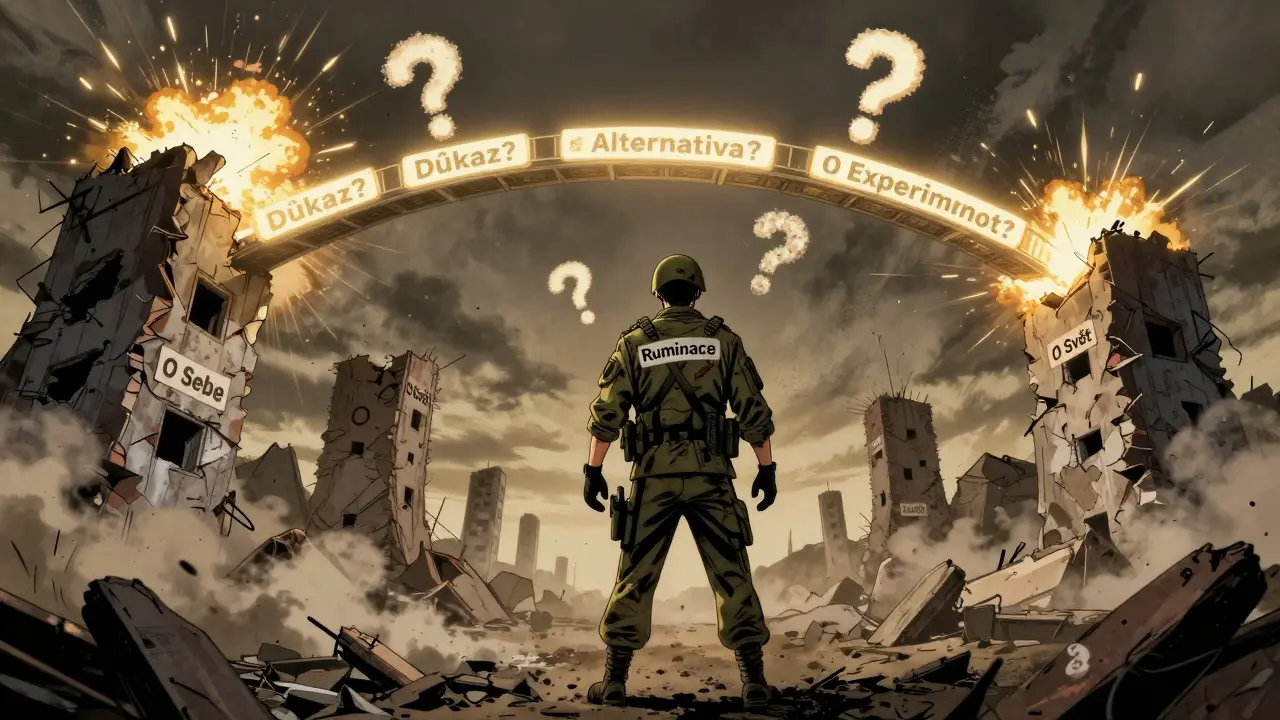 Voják na pole boje s kolabujícími věžemi negativních myšlenek o sobě, světě a budoucnosti, nad ním most logiky.