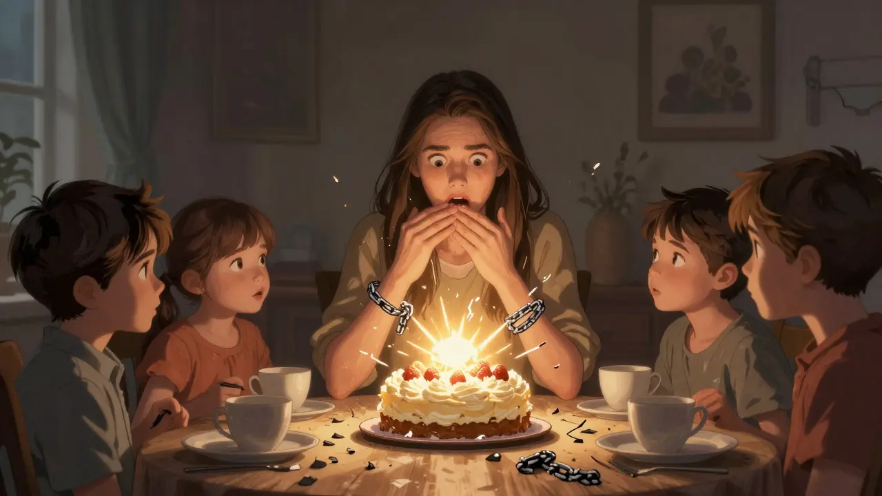 Žena chutná dortík s rodinou, zlaté světlo vyráží z jídla, řetězy padají z jejích zápěstí.