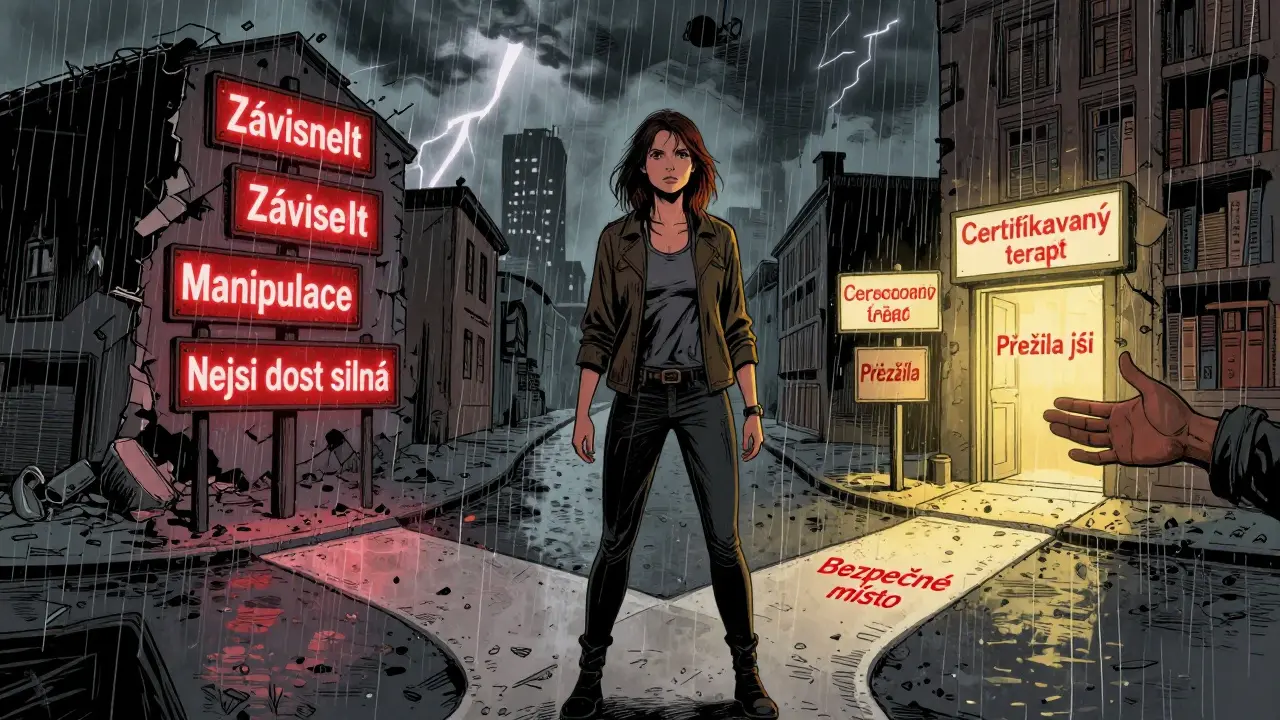 Žena na křižovatce mezi cestou zneužívání a cestou bezpečí, osvětlená jasným světlem a podporou.