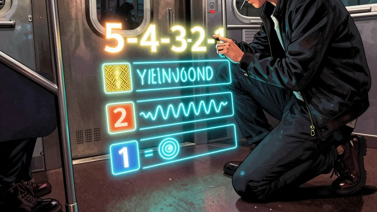 Žena na nádraží se dotýká zábradlí, kolem ní se objevují pět smyslů jako světelné znaky.