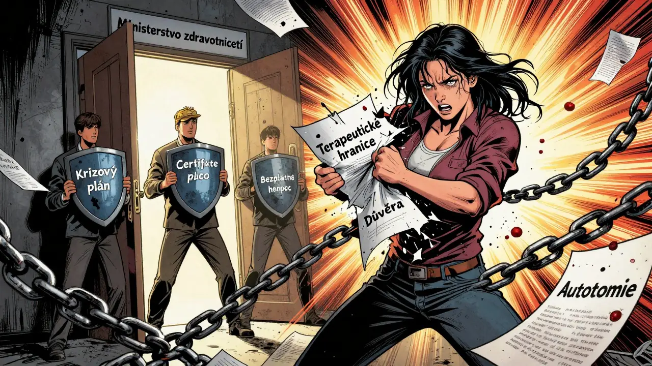 Žena rozbíjí řetěz zneužívání, zatímco ji podporují bezpečné zdroje a otevírá se dveře k pomocí.