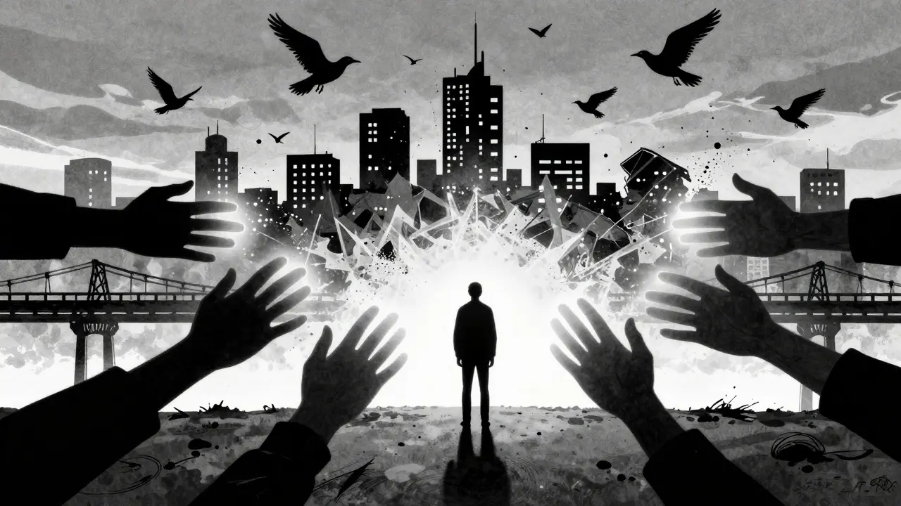 Člověk na mostě, k němuž se táhnou ruce podpory z různých směrů.