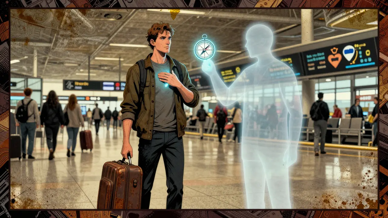 Czech expat at airport with ghost-like therapist holding a compass pointing to heart, symbolizing inner peace through therapy.