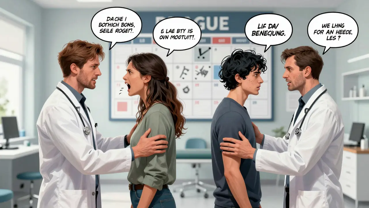 Dvě terapeuty, muž a žena, vedou pár v průběhu konfliktu, v pozadí kalendář s 12-20 sezeními, styl válečného komiksu.