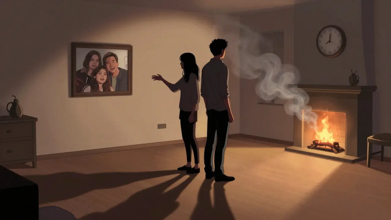 Dvojice stojí zády k sobě v prázdném bytě, jejich stíny se oddělují, ohień uhasíná, hodiny ukazují půlnoc.