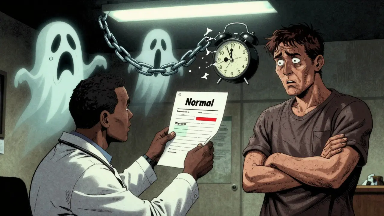 Lékař ukazuje normální výsledek krevního testu, zatímco pacient trpí skrytou depreší.