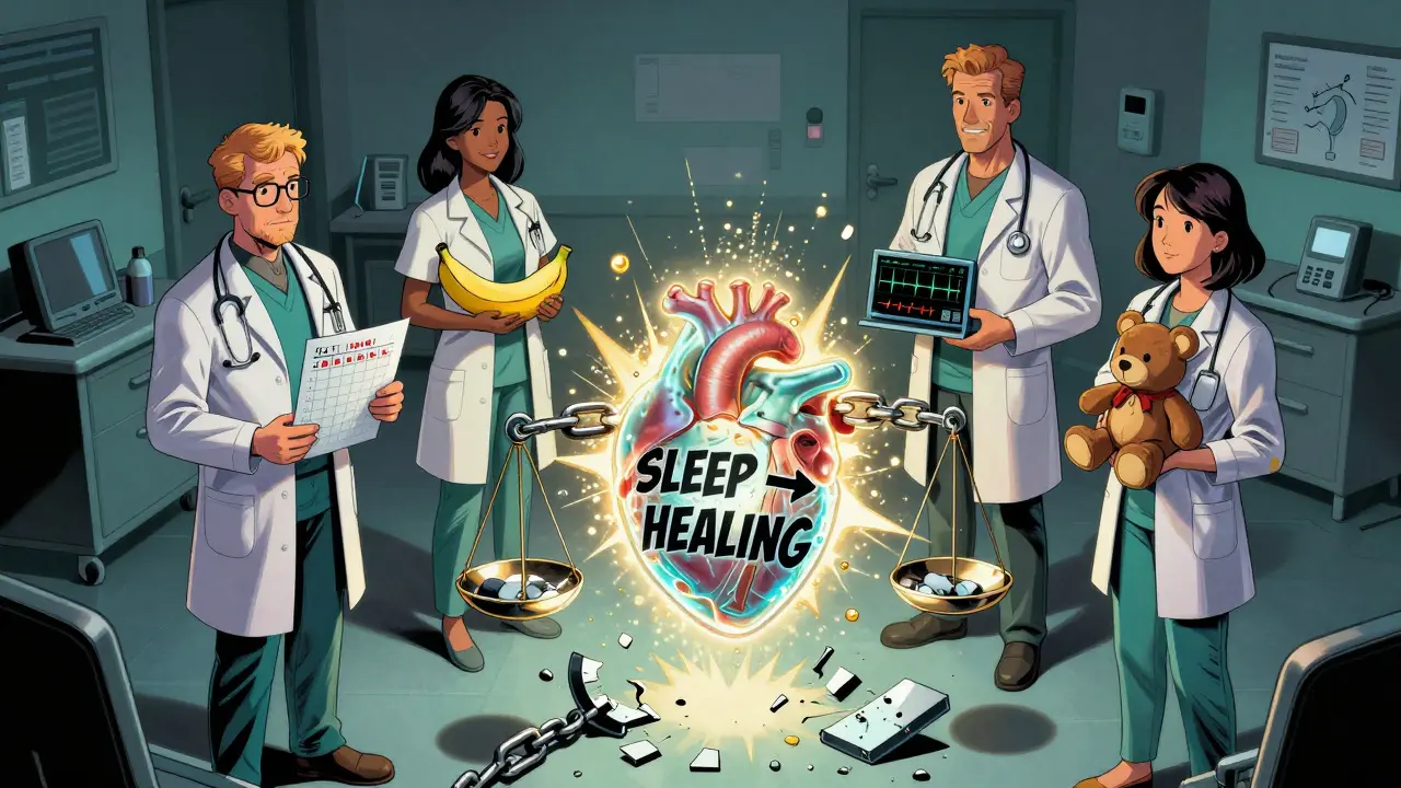 Medical team standing around glowing heart labeled 'SLEEP → HEALING', each holding symbols of their role, broken chains at their feet.