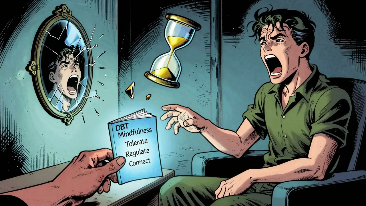 Osoba v temné místnosti s plujícími emocionálními fragmenty a DBT sešitem.