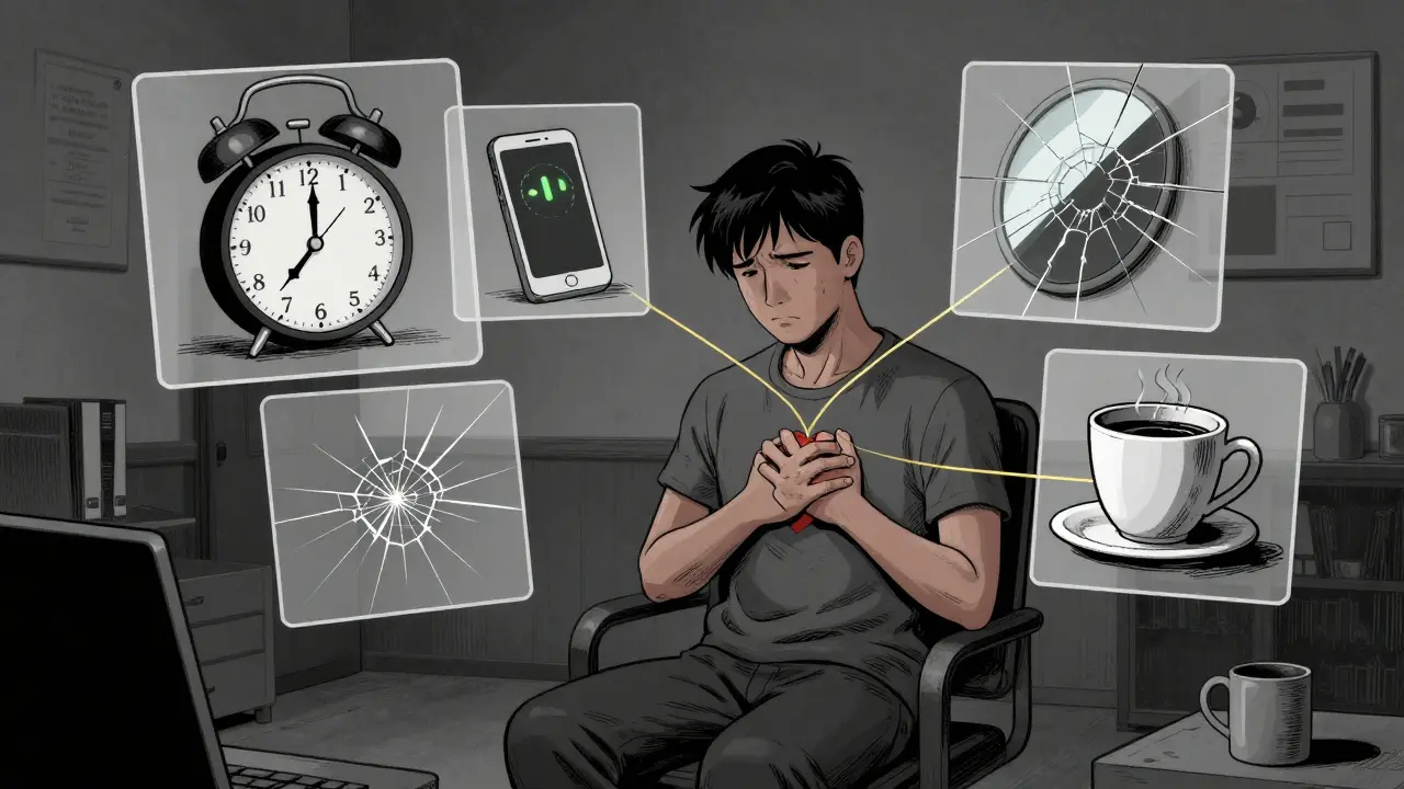 Osoba v terapeutické místnosti, kolem ní plavou obrazy každodenního stresu.