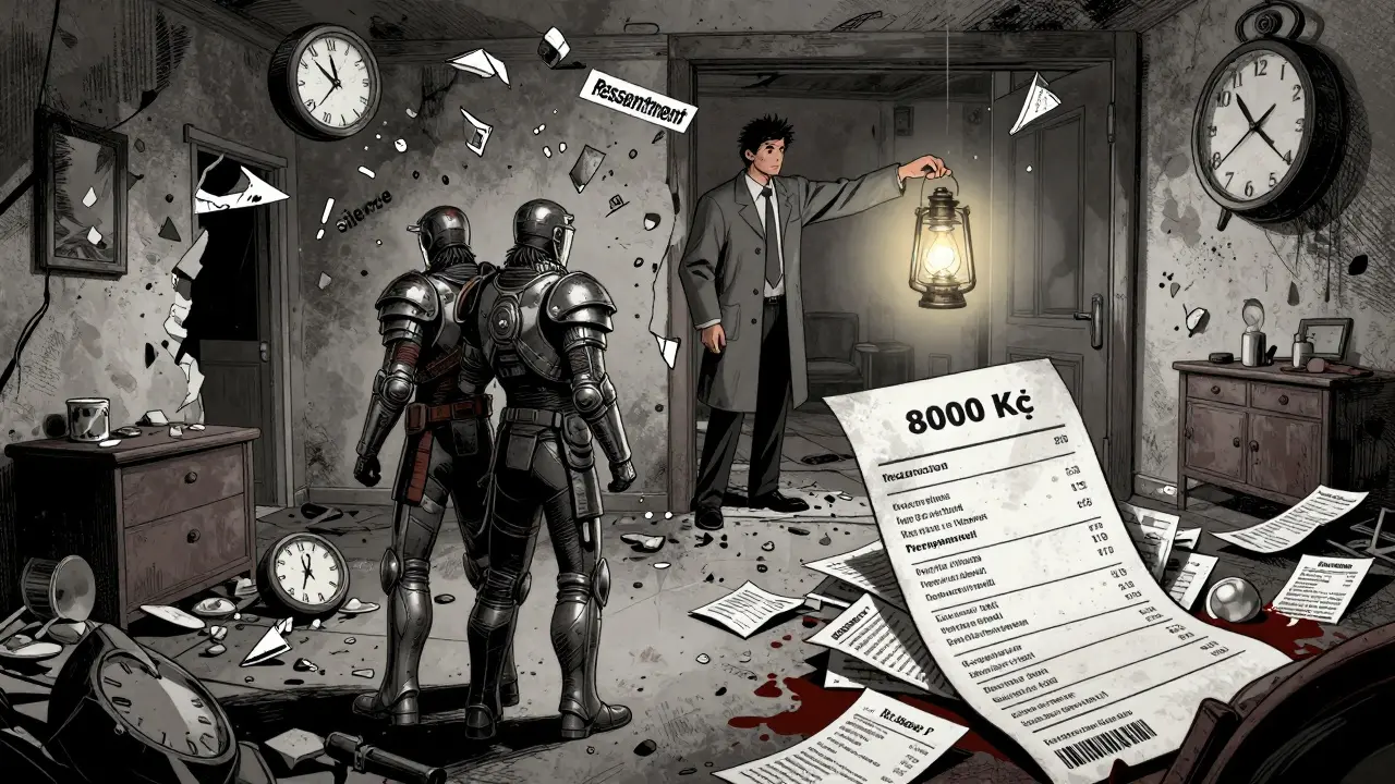 Pár stojí na ničeném nábytku, terapeut svítí světlem z 8 sezení.