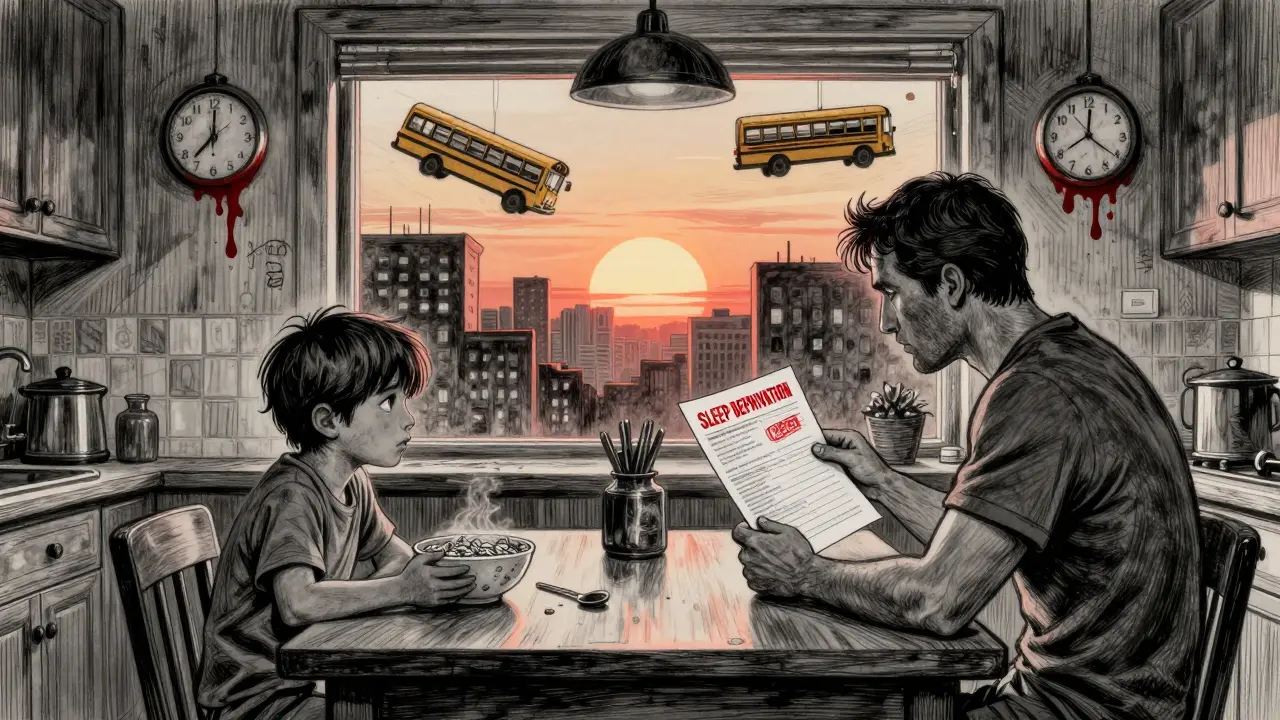 Parent and child at kitchen table at dawn, child staring blankly while parent holds medical report on sleep deprivation.