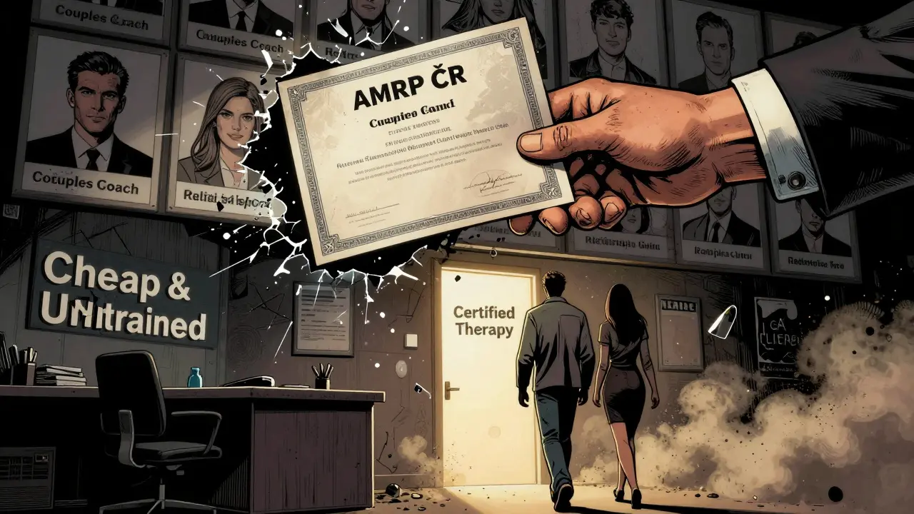 Ruka drží certifikát AMRP ČR, proniká stěnou falešných terapeutů, pár odchází k opravdové terapii, styl válečného komiksu.