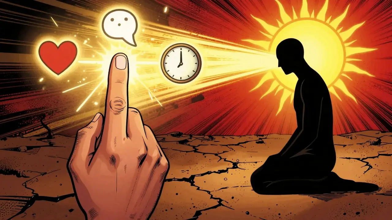 Ruka klepe na čelo, kolem ní plavou symboly srdce, hodin a slunce — představuje techniku EFT jako nástroj emocionálního záchranáře.