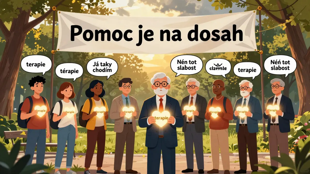 Různí Češi v parku drží světlé srdce s nápisem 'terapie', zatímco za nimi pláne banner s heslem 'Pomoc je na dosah'.