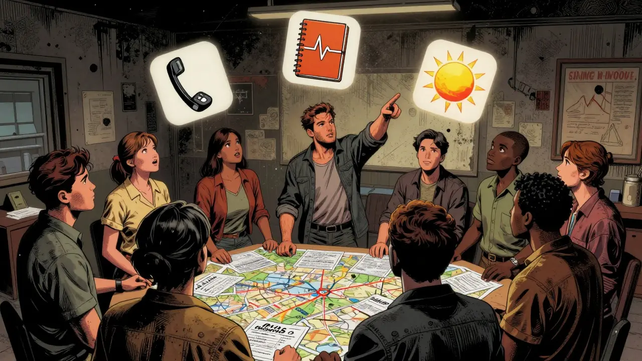 Skupina lidí podporuje sebe navzájem v terapii, kolem nich se objevují symboly krizového plánu a naděje.