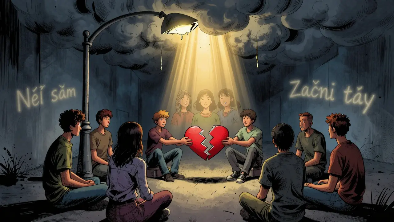 Skupina lidí sdílí kusy rozbitého srdce pod rozbitej lampou, nad nimi se rozvíjí zlaté světlo.