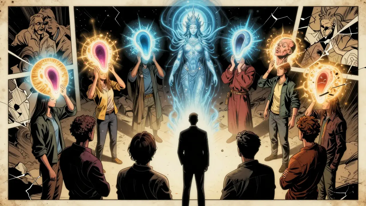 Skupina lidí zažívá vizuální zážitky nad hlavami, terapeut je chrání v centru, okolo nich se vznášejí symboly přeshraničního vědomí.