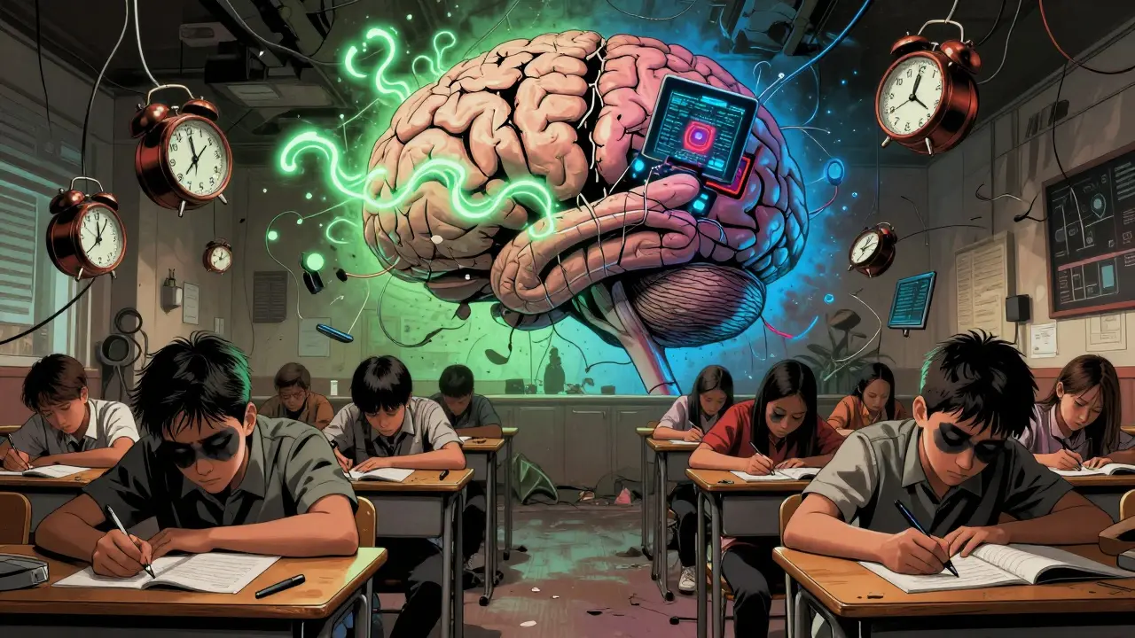 Students slumped in classroom as giant cracked brain above them shows damaged neural pathways choked by digital screens.