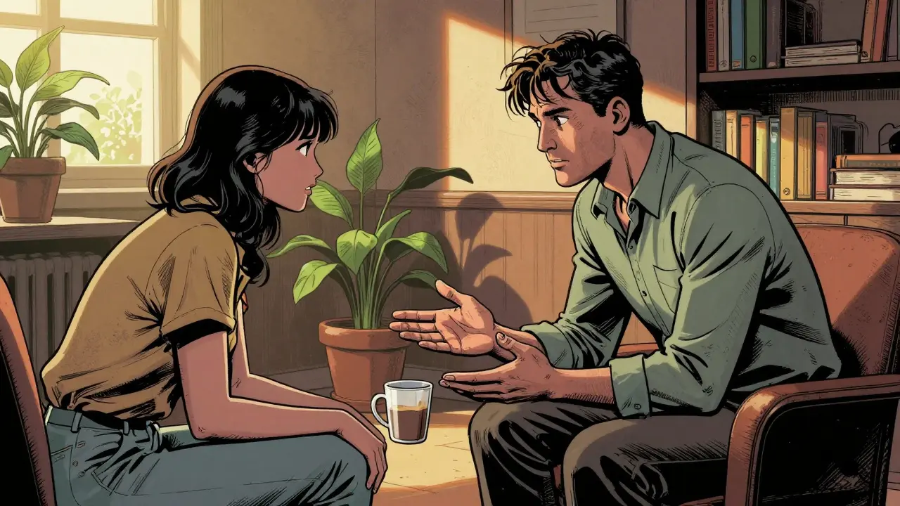 Terapeut a klient sedí v pokojí s knihami a rostlinami, mírně se dívají do očí, káva mezi nimi.