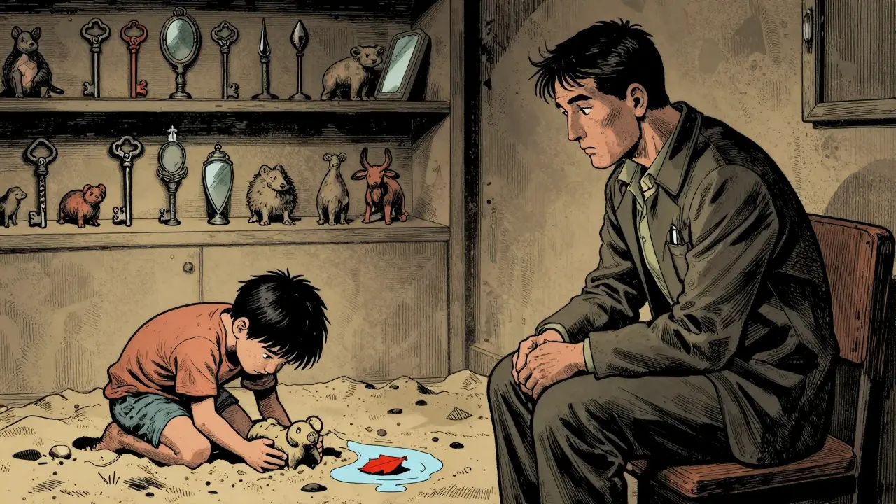 Terapeut pozoruje dítě, které zakopává zvíře do písku, kolem nich jsou symbolické miniatury.