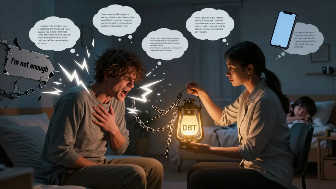 Terapeut s laternou míří světlo na pacienta, kterého obklopují řetězy a blesky strachu.