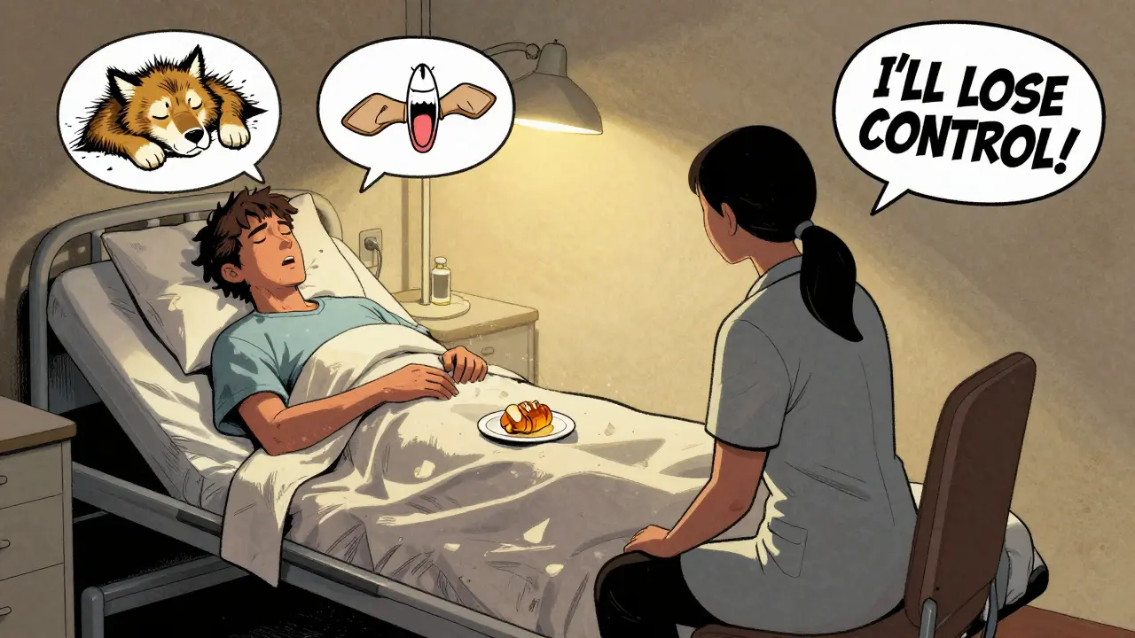 Therapist and patient in hospital room, warm light on small snack, thought bubbles showing wild animal sleeping and fear of losing control.