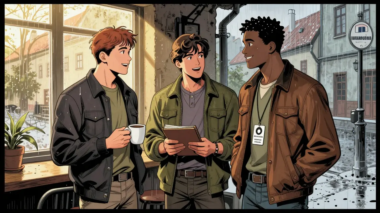 Tři lidé spolu v kavárně, symbolizující spojení a podporu.