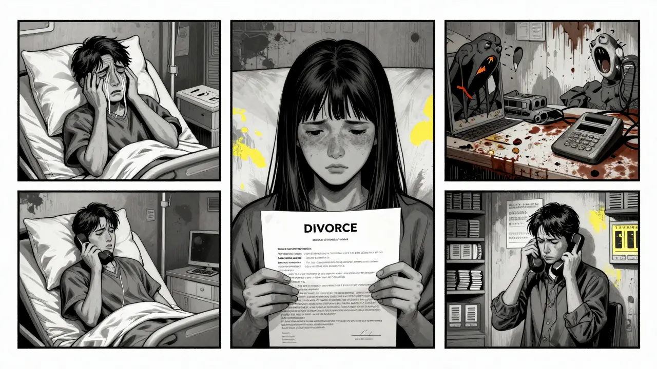 Tři lidé trpí následky špatné terapie: jeden v nemocnici, druhý s rozvodem, třetí izolovaný — vše v černobílém stylu s červenými akcenty.