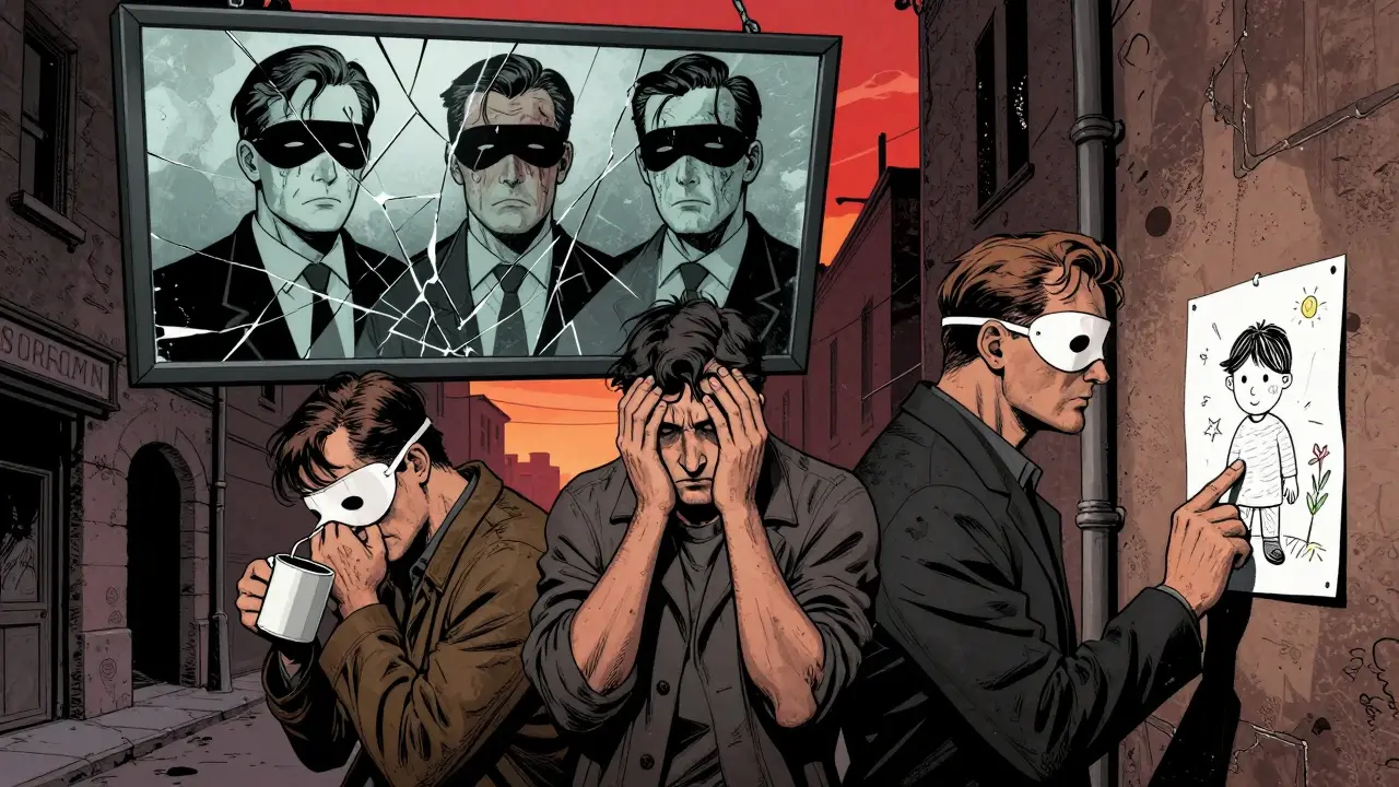 Tři muži stojí v ulici, každý s jiným příznakem skryté deprese: únavou, bolestí, beznadějí.