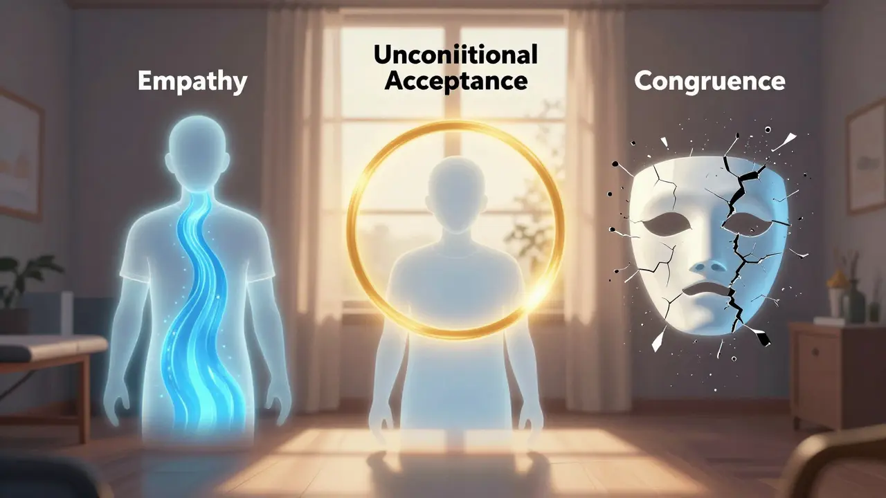 Tři symbolické podmínky Rogersovské terapie — empatie, přijetí a kongruence — září jako světla v terapeutickém prostoru.