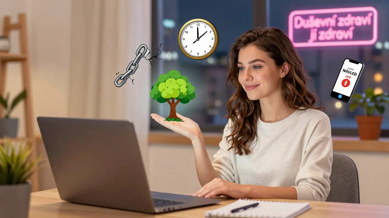 Žena na videovolání s terapeutem, kolem ní symboly změny: rozbitý řetěz, strom, hodiny a telefon s linkou NÁSLED.