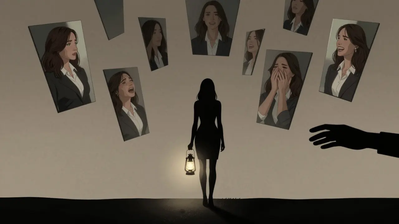 Žena stojí v prázdné krajině, zrcadla odrazují její různé verze, světlo z laterny ji vede k sobě.