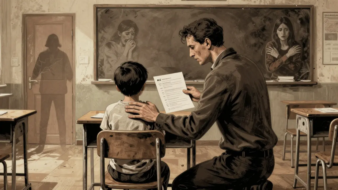 Česká učitelka klade ruku na rameno dítěte, za nimi se objevují stíny dětského traumatu.