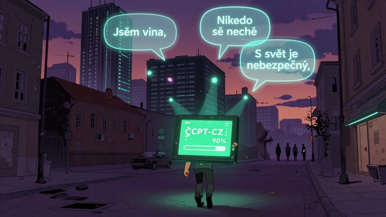 České město s holografickými negativními myšlenkami nad budovami, zatímco člověk používá CPT-CZ aplikaci.