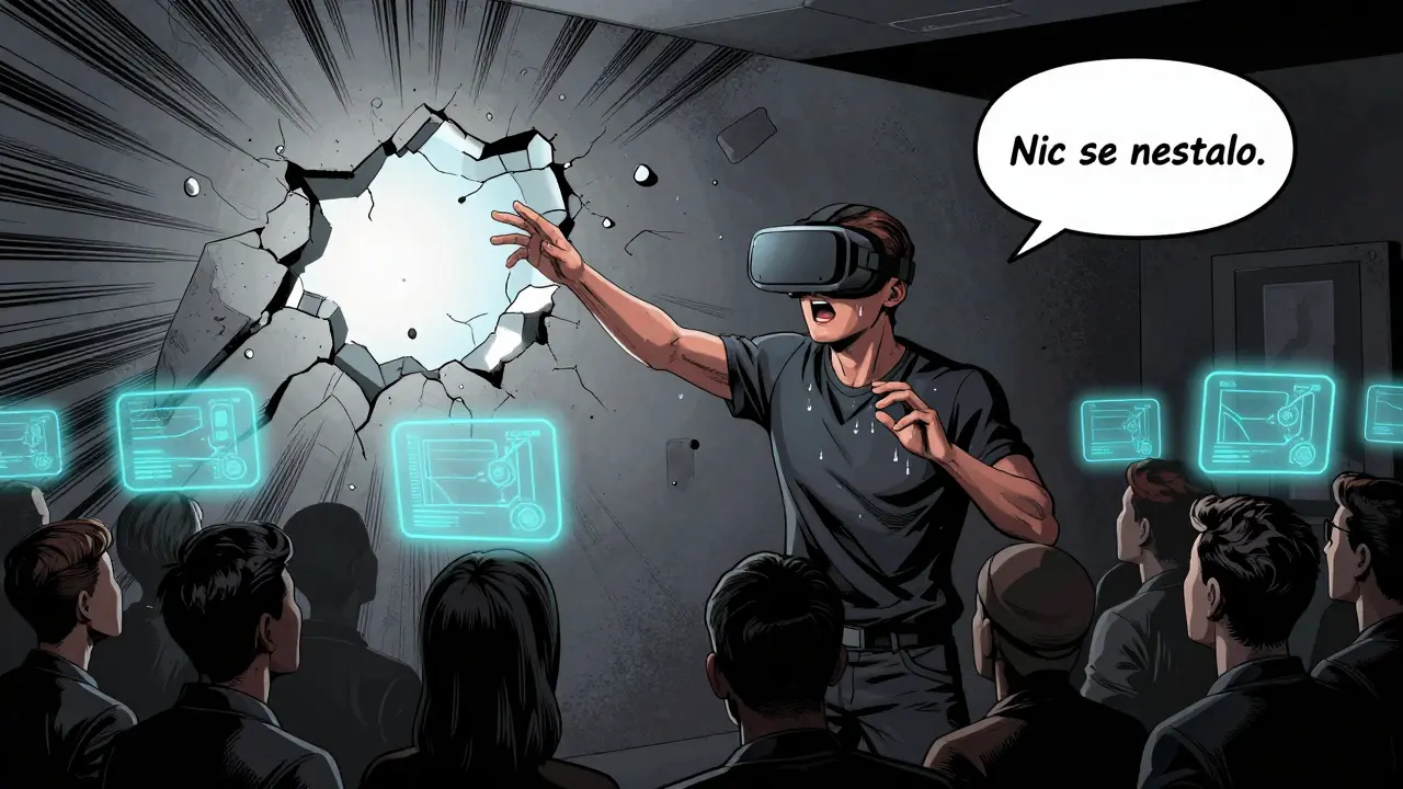 Člověk v VR headsetu, který mluví před virtuální skupinou, stěna za ním se říhá do světla.