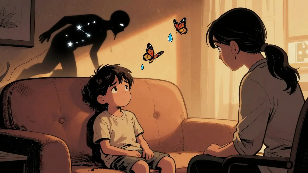 Dítě vypráví noční můru terapeutovi, nad nimi plavou transformované strachy jako hvězdy.