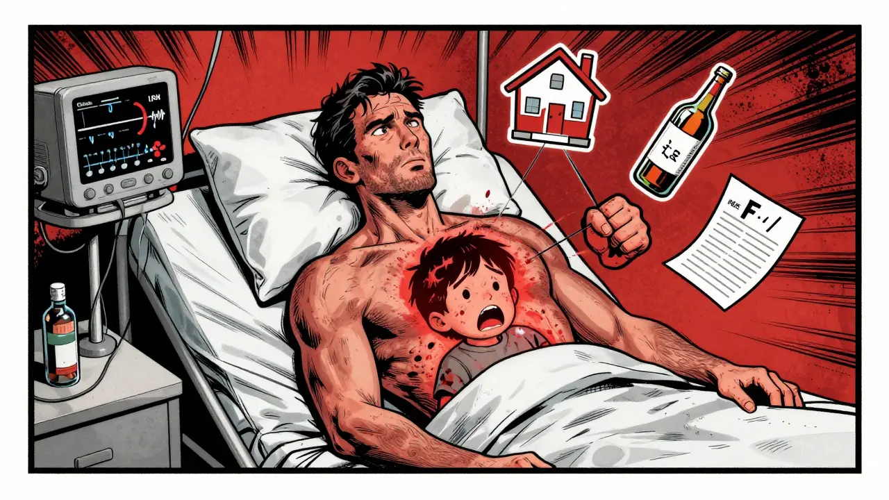 Dospělý muž v nemocnici, v jeho těle se skrývá strašeně dítě, kolem něj plavou ikony traumatu.