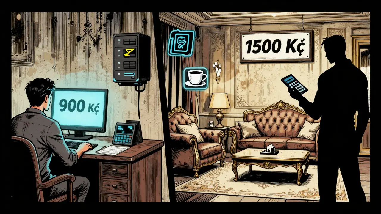 Dva terapeuti: jeden v domácím prostředí s nižší cenou, druhý v luxusní kanceláři s vyšší cenou, znázorňující rozdíly v cenách.