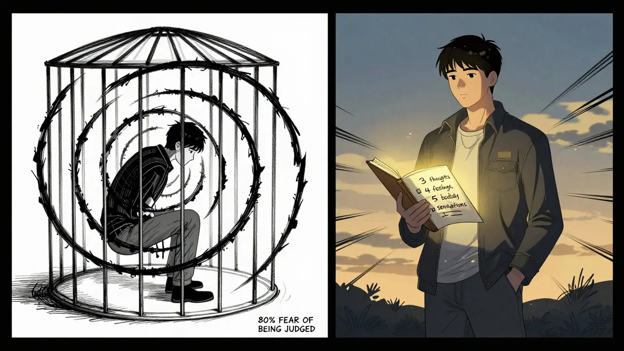 Dvě části scény: jedna ukazuje člověka ve kleci negativních myšlenek, druhá ho osvobozeného při ranním světle s deníkem a kontrolním seznamem.